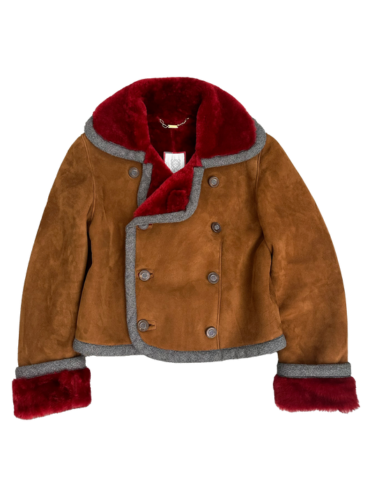 Loewe Red and Brown Lamb Leather and Fur 90's Cropped Coat (XS)